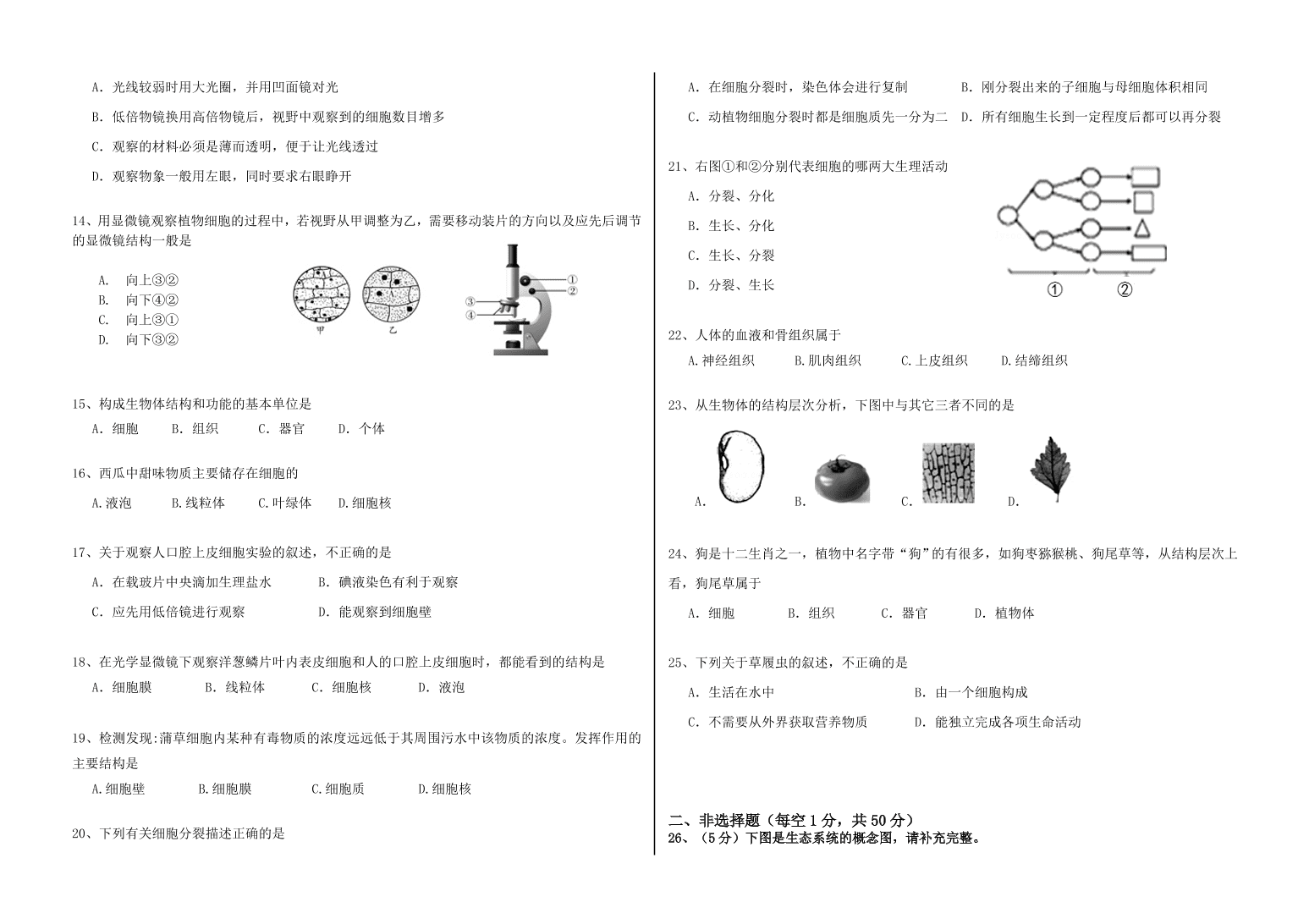 山东省蒙阴县七年级生物上学期期中试卷