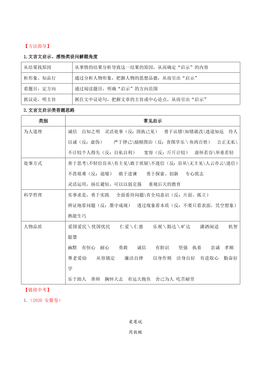 2020-2021年初三语文文言文考点及答题技巧06：理解感悟