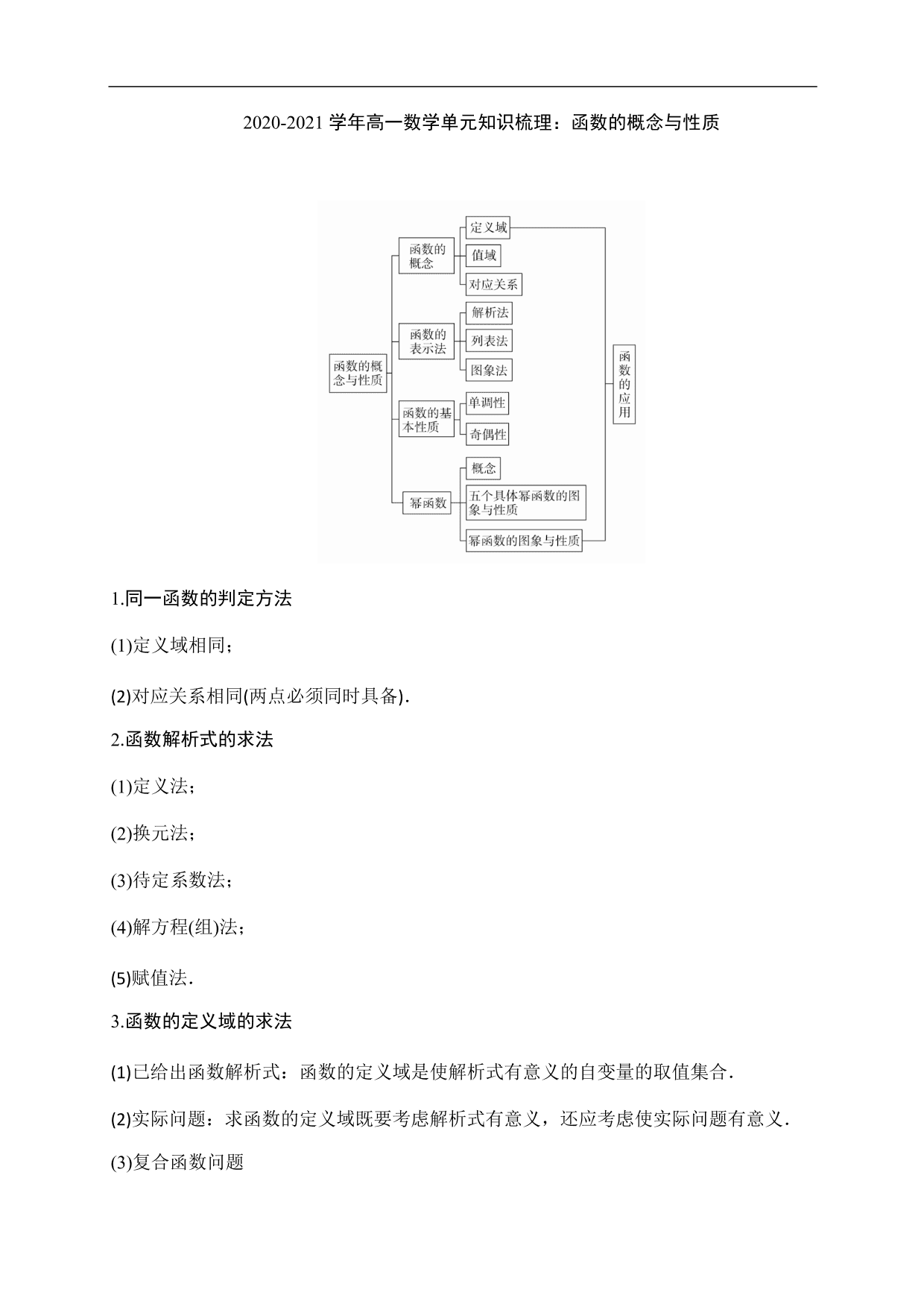 2020-2021学年高一数学单元知识梳理：函数的概念与性质