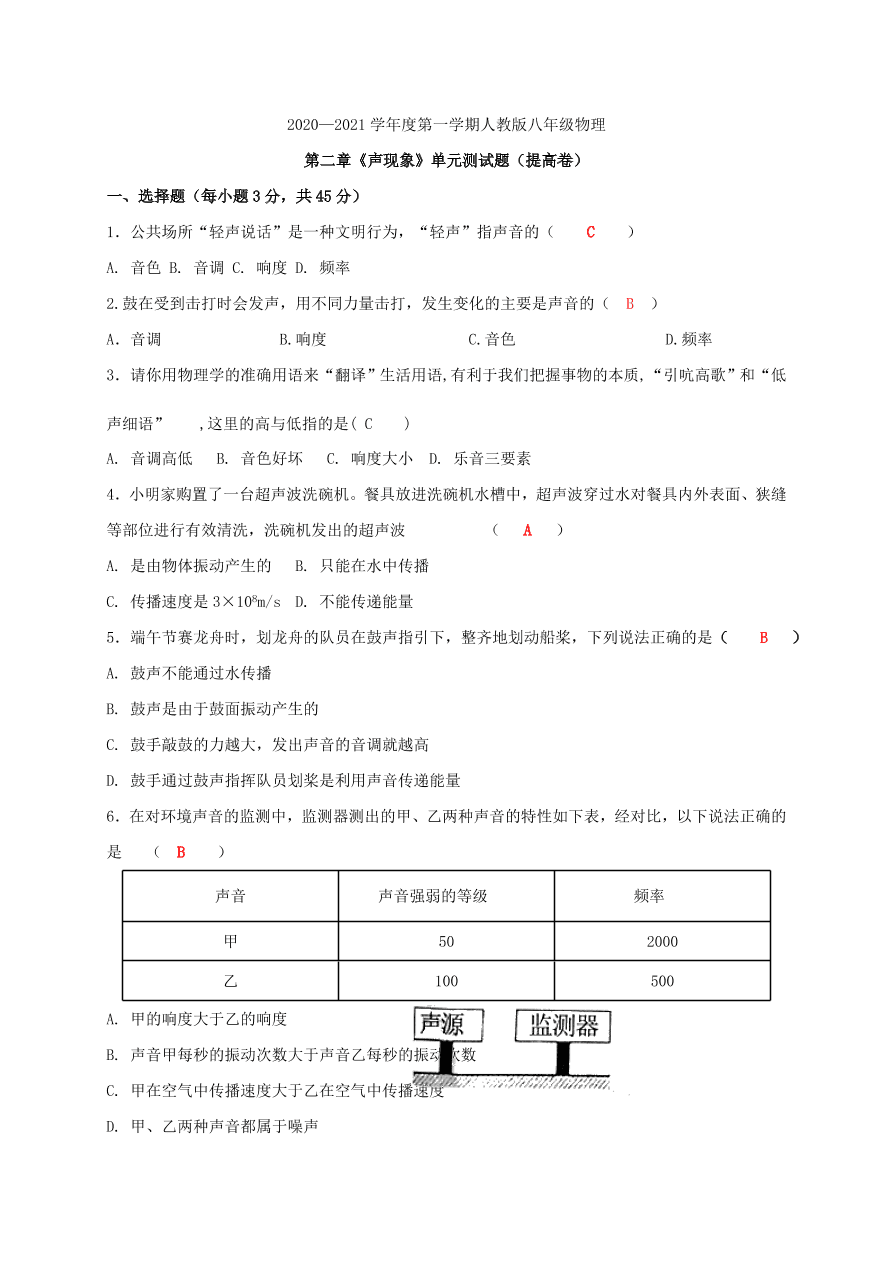 2020-2021学年人教版初二物理上册单元测试第二章《声现象》 (提高卷)