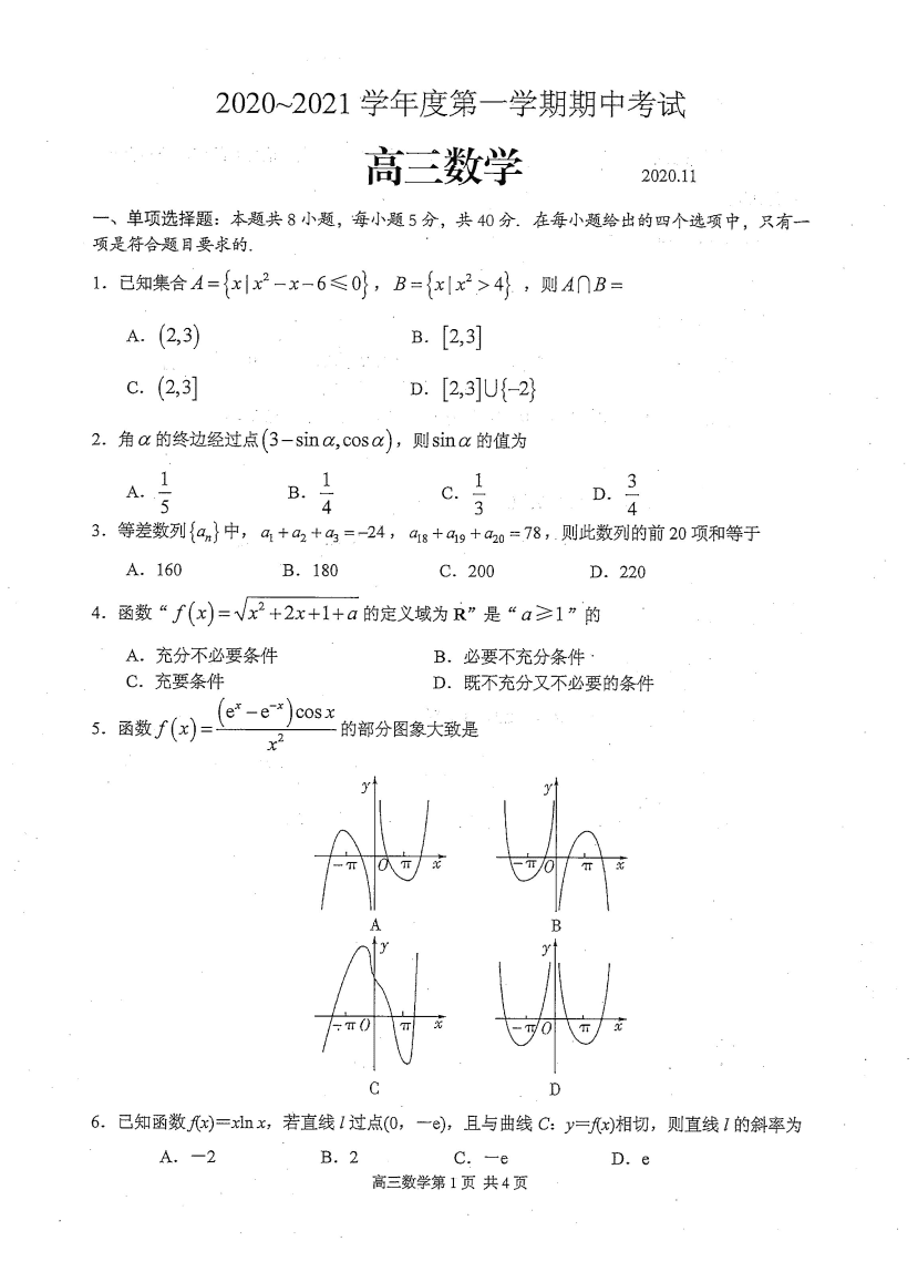 江苏省苏州市陆慕高级中学2021届高三数学上学期期中调研考试试题PDF