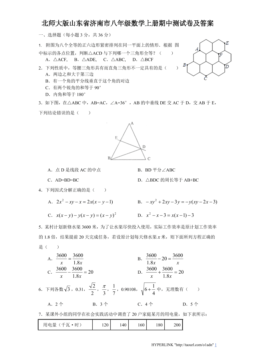 北师大版山东省济南市八年级数学上册期中测试卷及答案