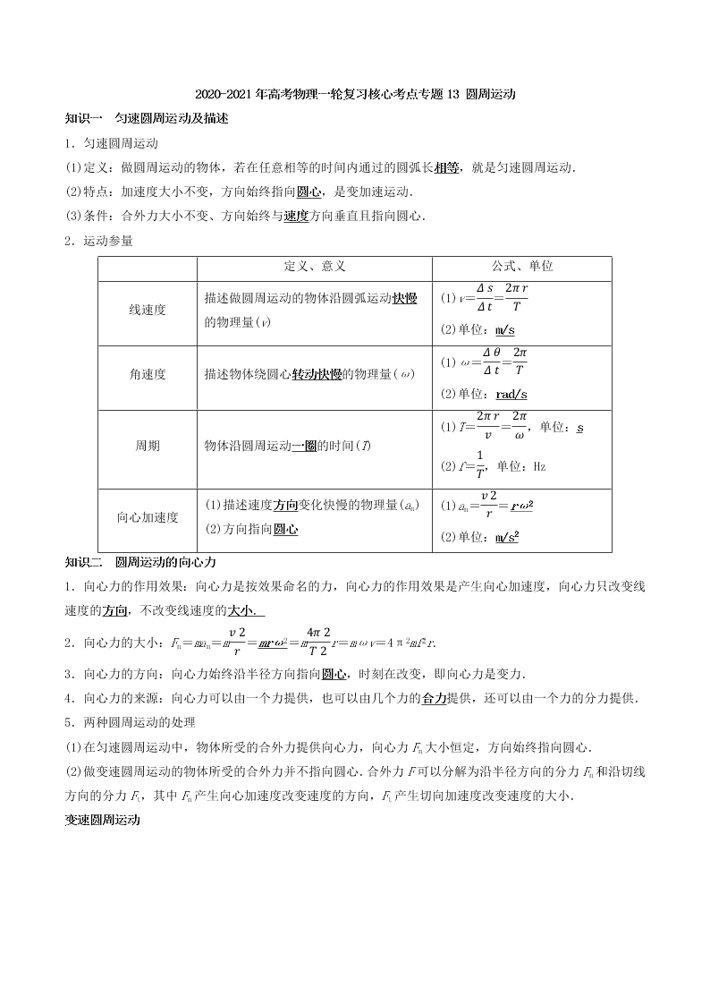 2020-2021年高考物理一轮复习核心考点专题13 圆周运动