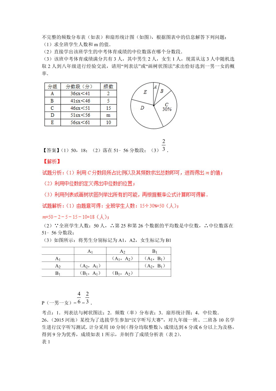 九年级数学上册第3章《概率及其求法》期末复习及答案