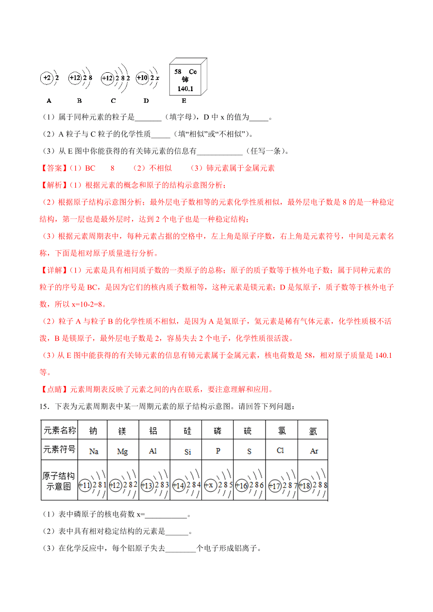 2020-2021学年初三化学课时同步练习：元素