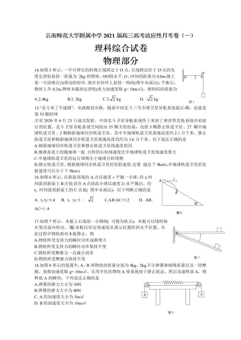 云南师范大学附属中学2021届高三物理高考适应性月考试卷（一）（Word版附答案）