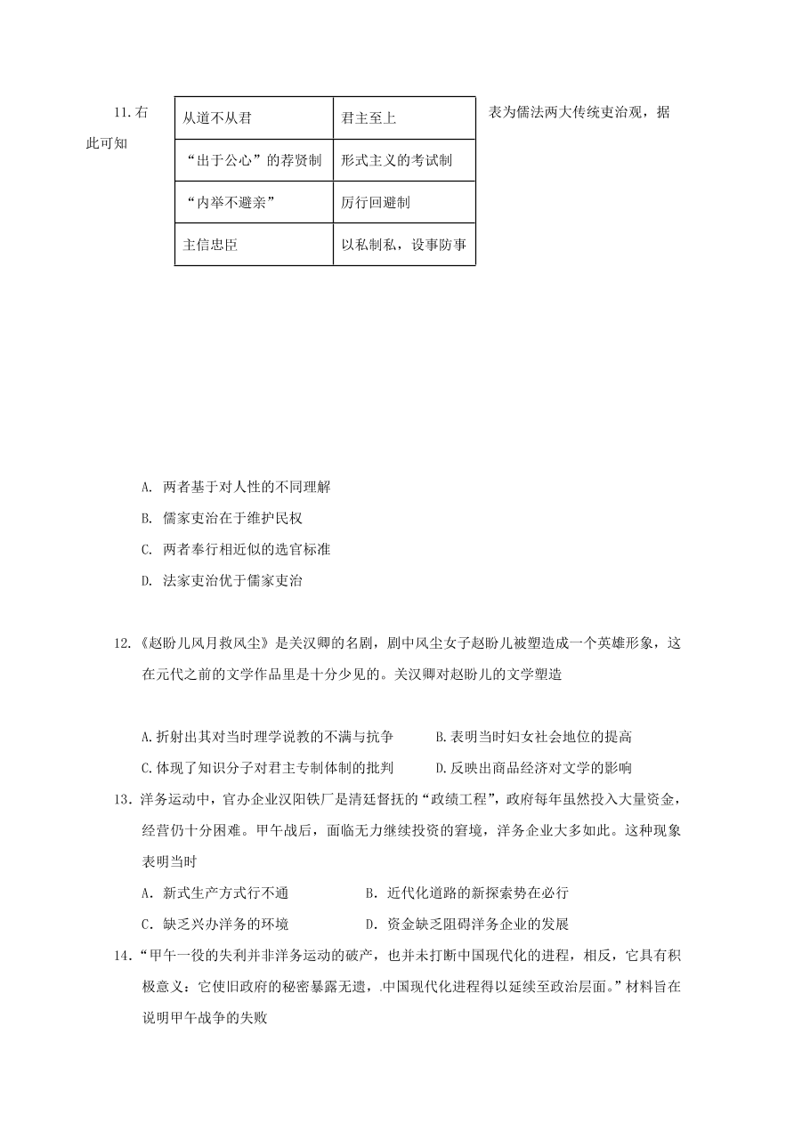 山东省聊城第一中学2020届高三历史上学期期中试题（Word版附答案）