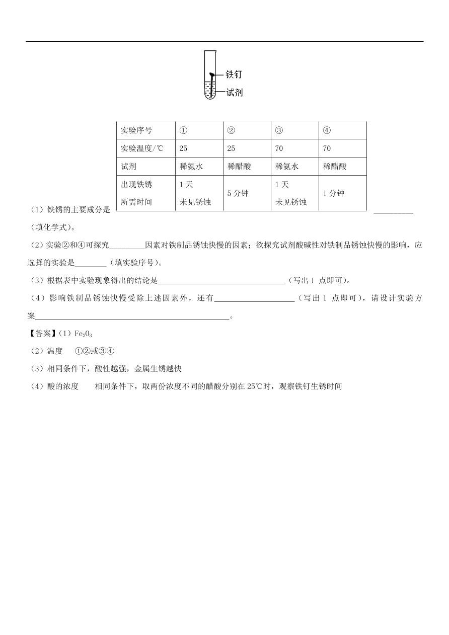 中考化学重要考点复习  金属的锈蚀与防护练习卷