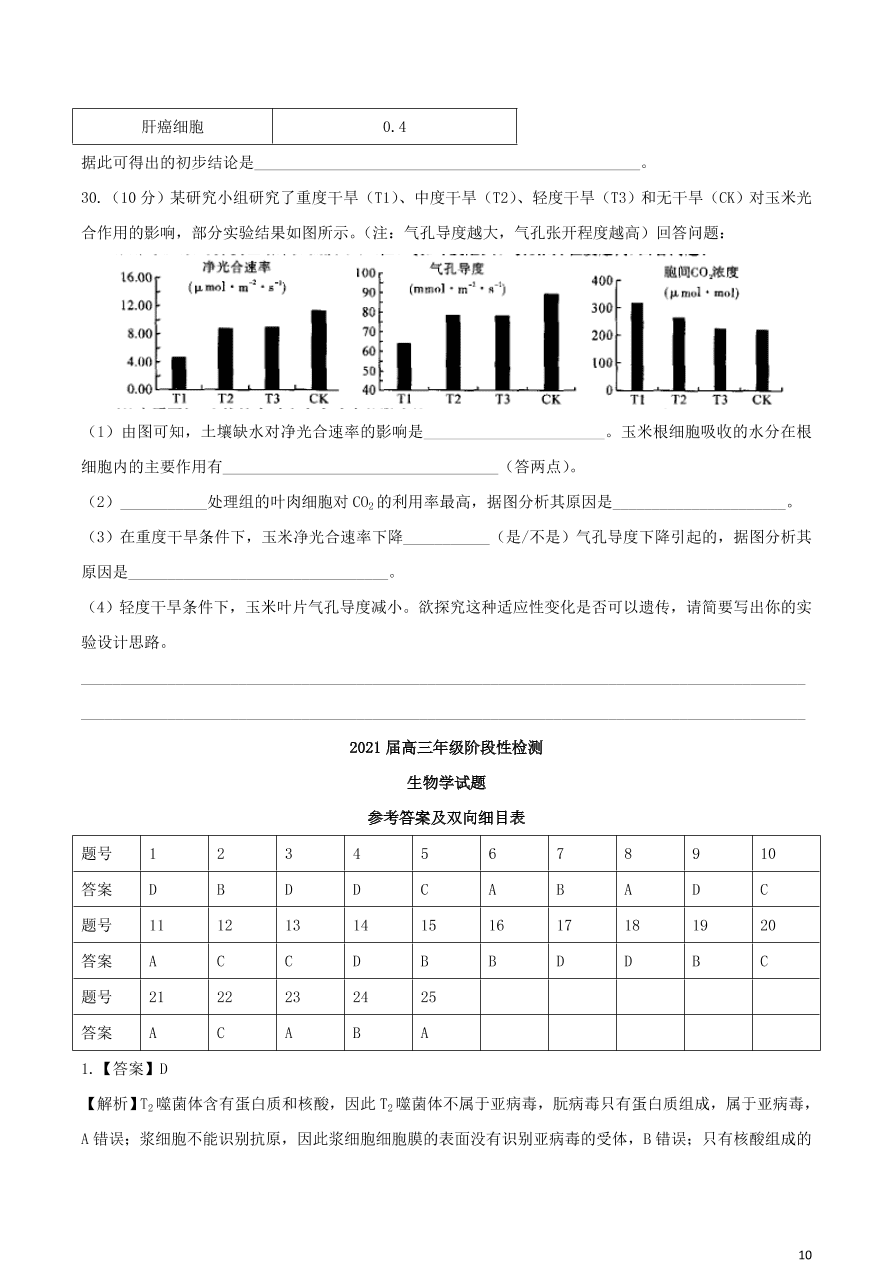 河南省平顶山市2021届高三生物10月阶段测试试题