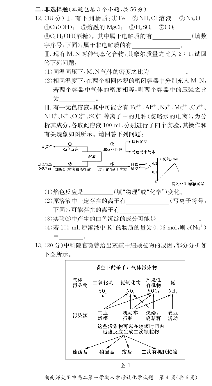 湖南省长沙市湖南师大附中2019-2020高二上学期入学考试化学试卷（pdf版）（无答案）