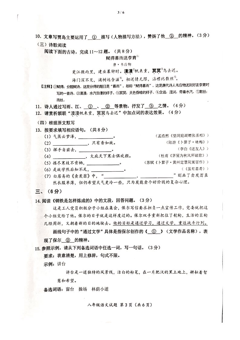 山东省济南市槐荫区2019-2020学年8年级下学期期末考试语文试题（扫描版无答案）