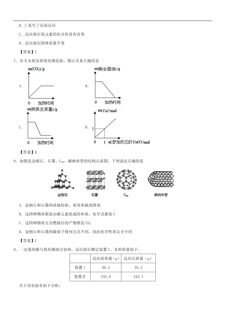 中考化学重要考点复习 碳单质的性质与用途练习卷