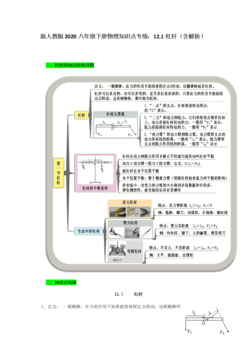 新人教版2020八年级下册物理知识点专练：12.1杠杆（含解析）