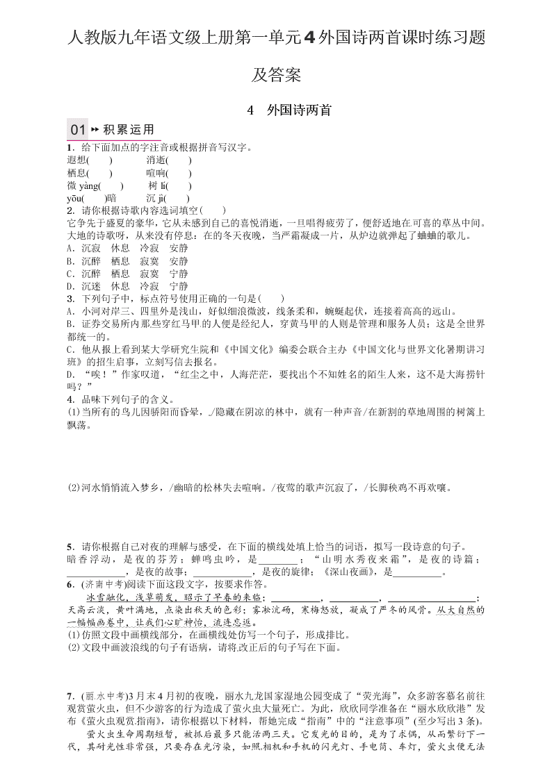 人教版九年语文级上册第一单元4外国诗两首课时练习题及答案