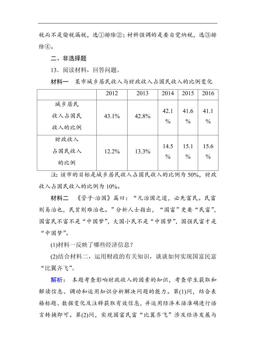 人教版高一政治上册必修1第八课《财政与税收》同步练习及答案