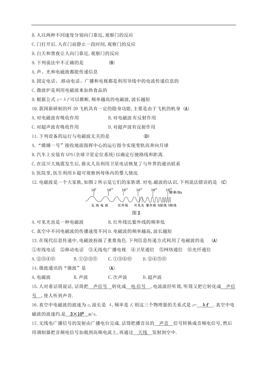  新人教版九年级中考物理  第二十一章 信息的传递复习测试