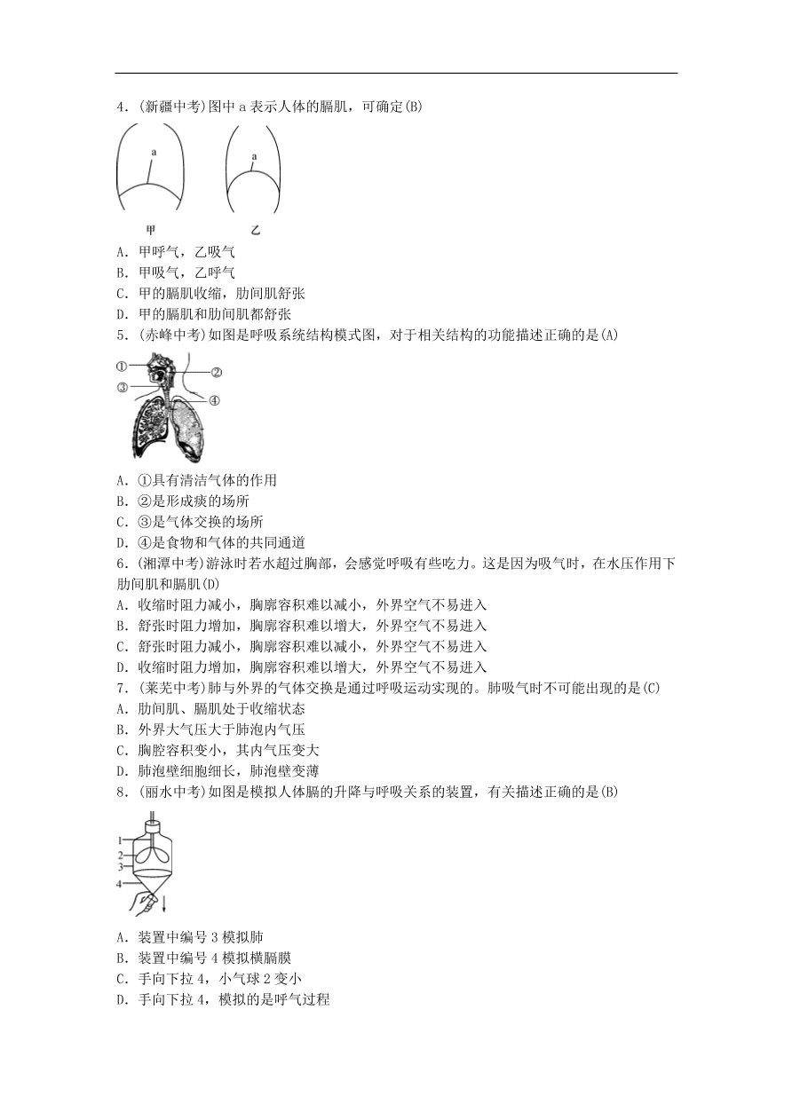 中考生物总复习主题四生物圈中的人——人体的呼吸