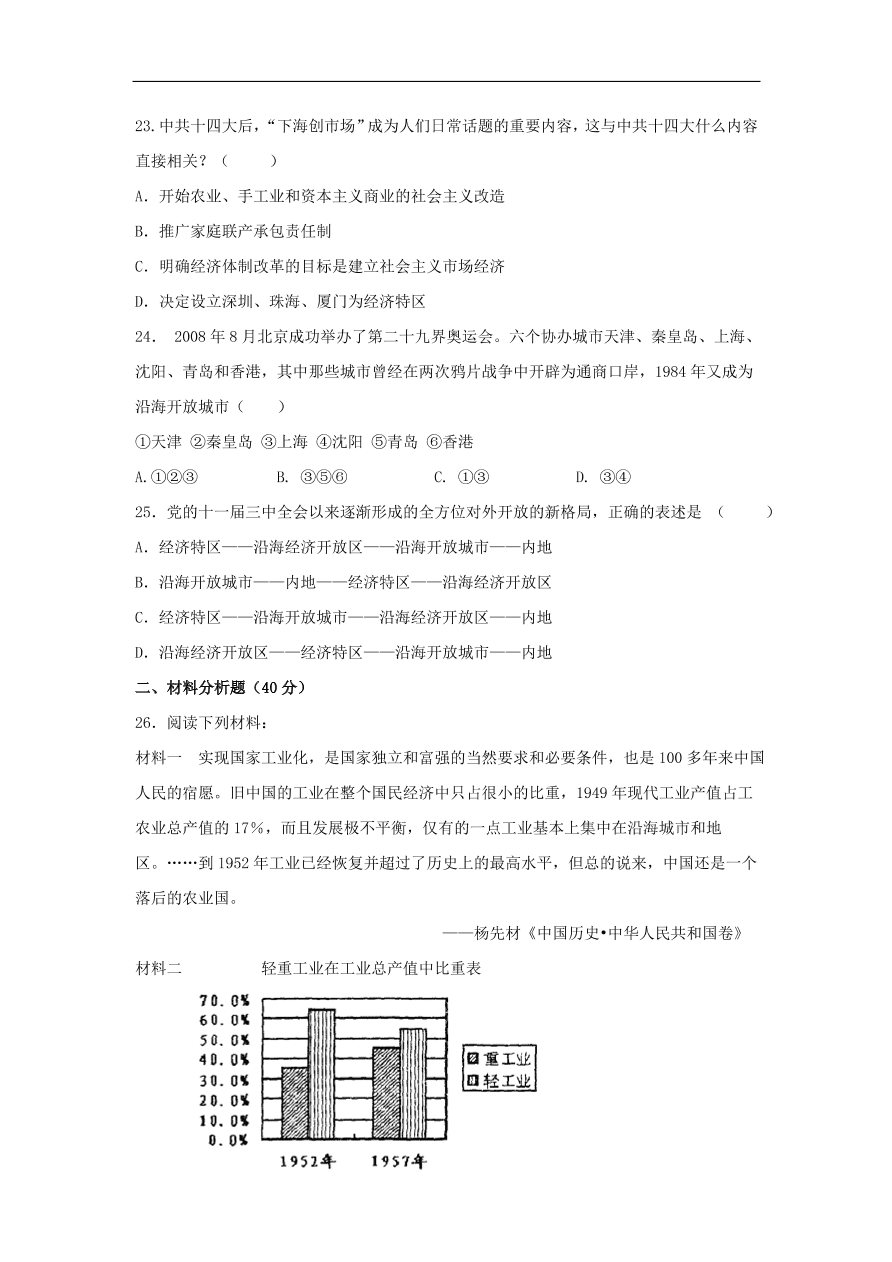 新人教版高中历史必修2 第四单元 中国特色社会主义道路的建设单元测试2（含答案）