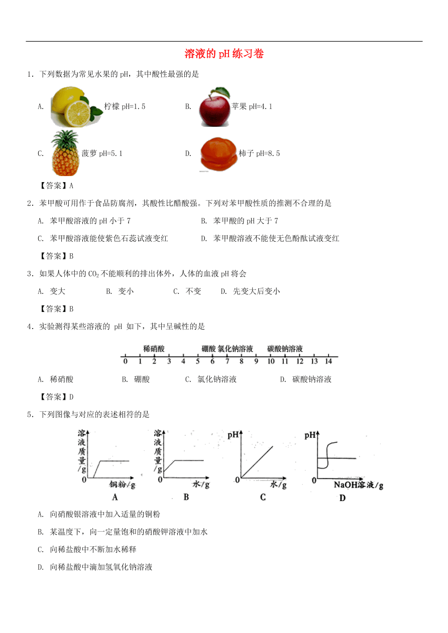 中考化学重要考点复习  溶液的pH练习卷