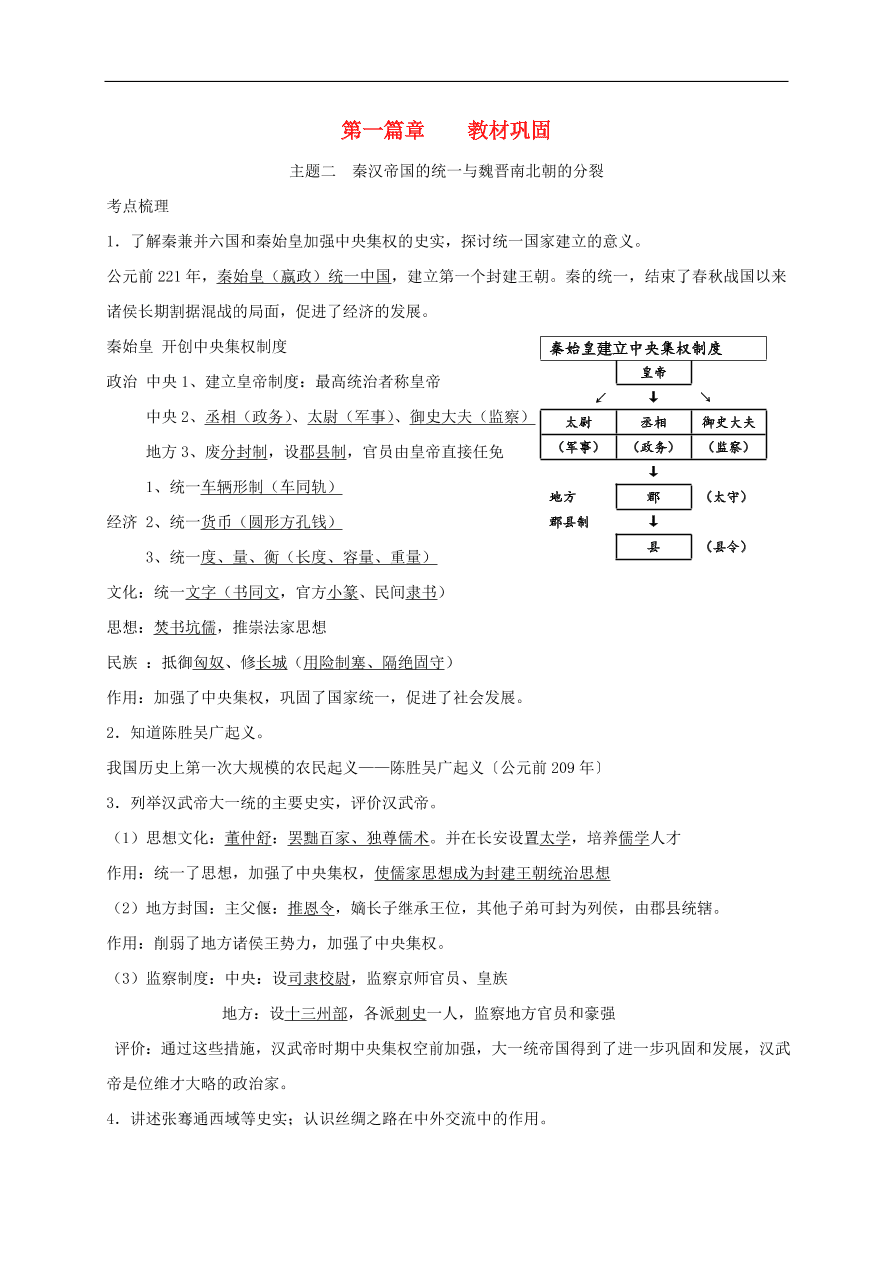 中考历史总复习第一篇章教材巩固主题二秦汉帝国的统一与魏晋南北朝的分裂试题（含答案）