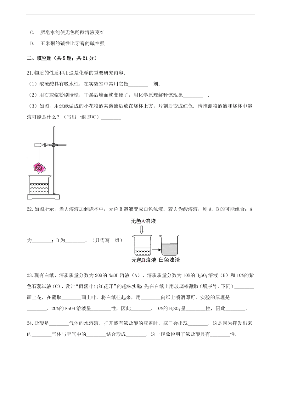 九年级化学下册专题复习 第七单元常见的酸和碱综合测试