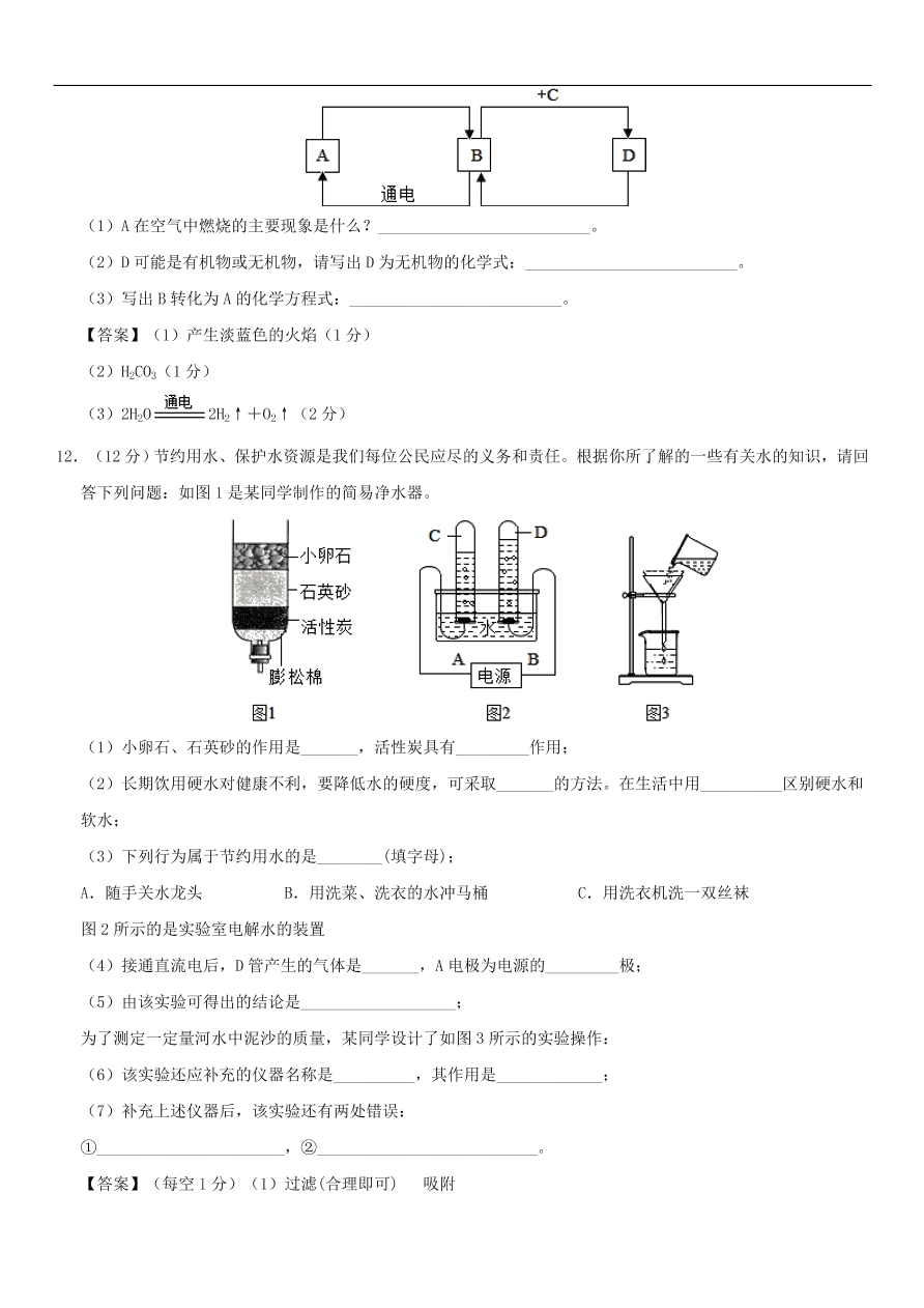 中考化学重要考点复习 自然界的水综合练习卷