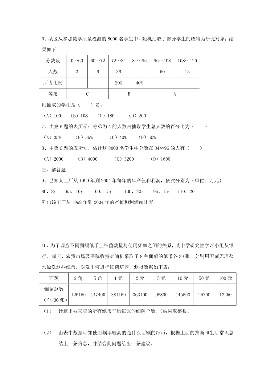 浙教版七年级数学上册同步练习6.2 统计表及答案