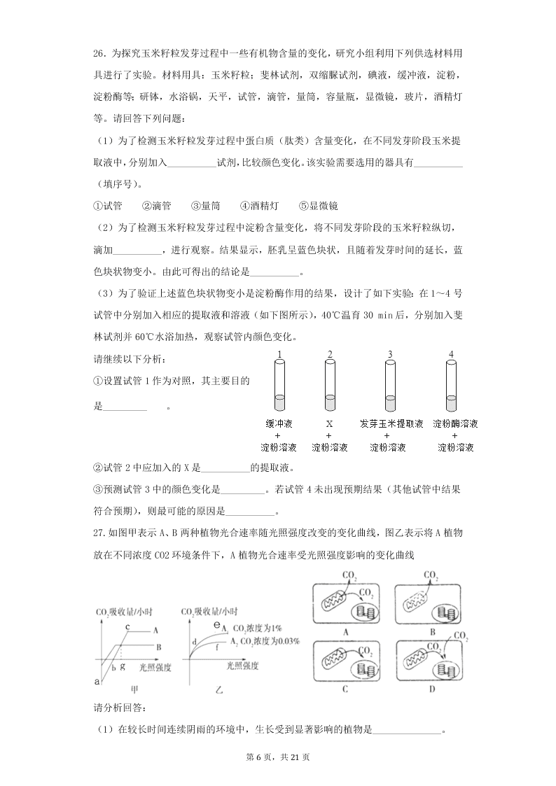 安徽省黄山市屯溪第一中学2021届高三生物10月月考试题（Word版附答案）