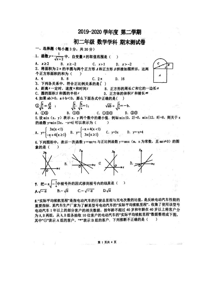 内蒙古呼和浩特启秀中学2019-2020学年下学期八年级期末数学考试卷（图片版，无答案）