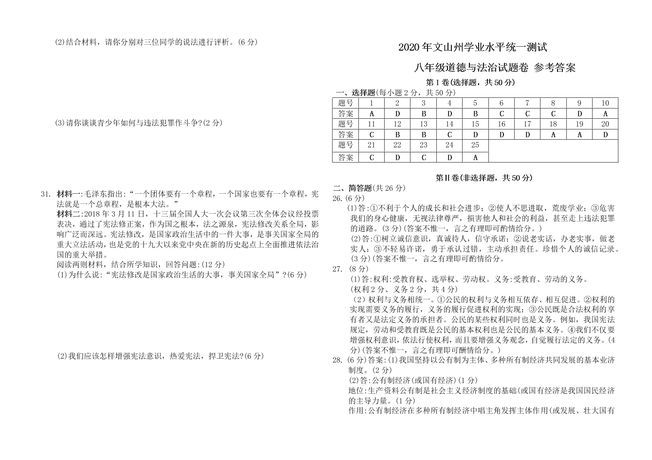 云南省文山州2019-2020-2八年级道德与法治学业水平统一测试 试题卷   