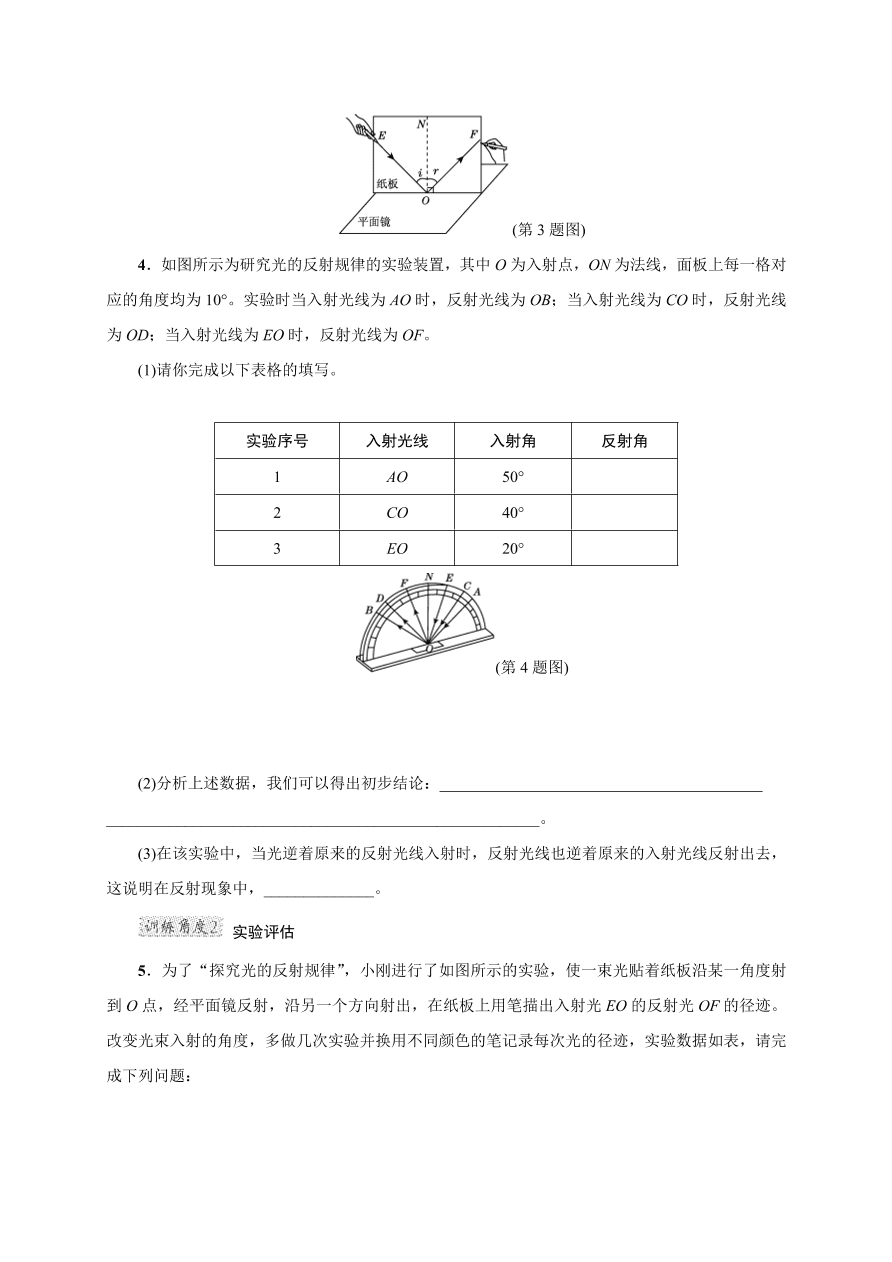 2020-2021学年初二物理上册考点专项练习2：探究光的反射定律