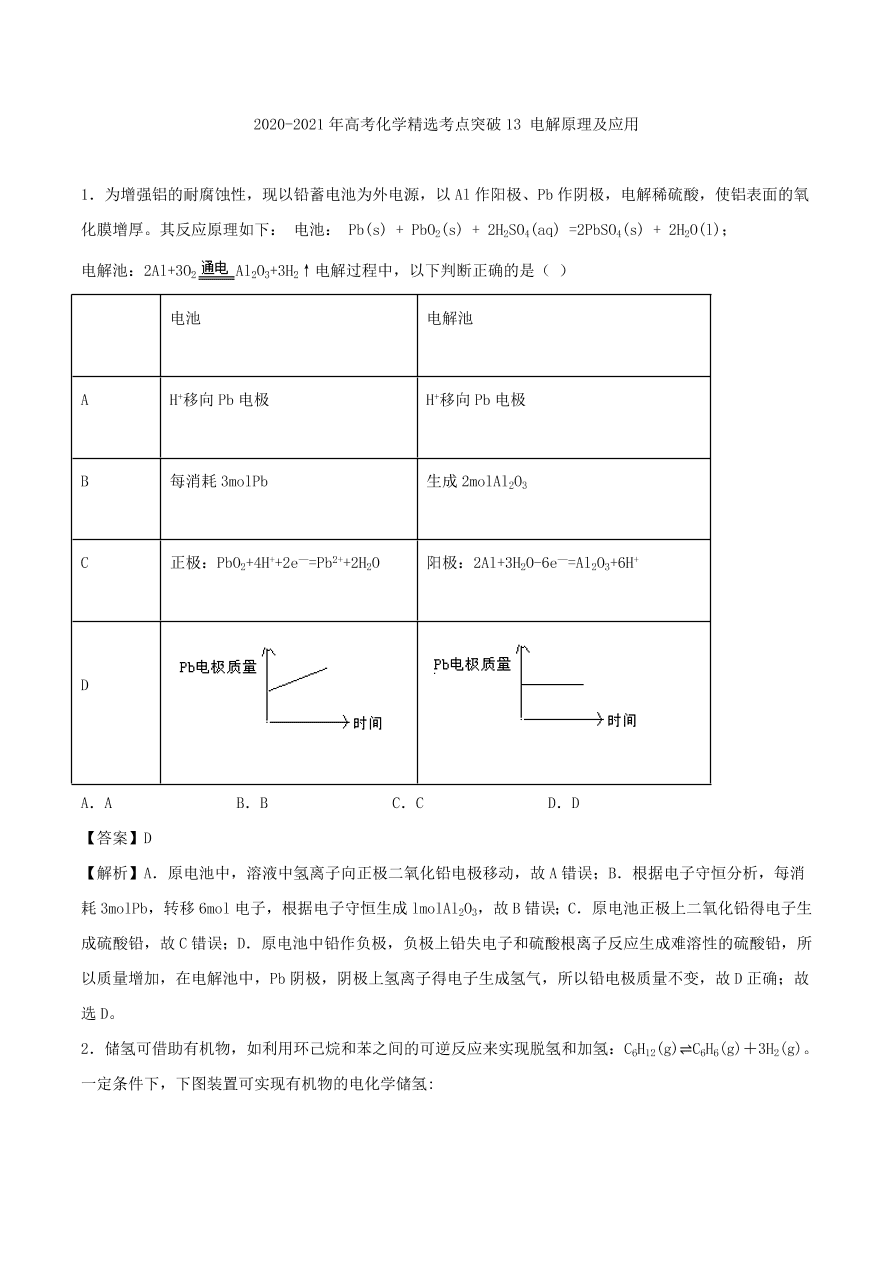 2020-2021年高考化学精选考点突破13 电解原理及应用