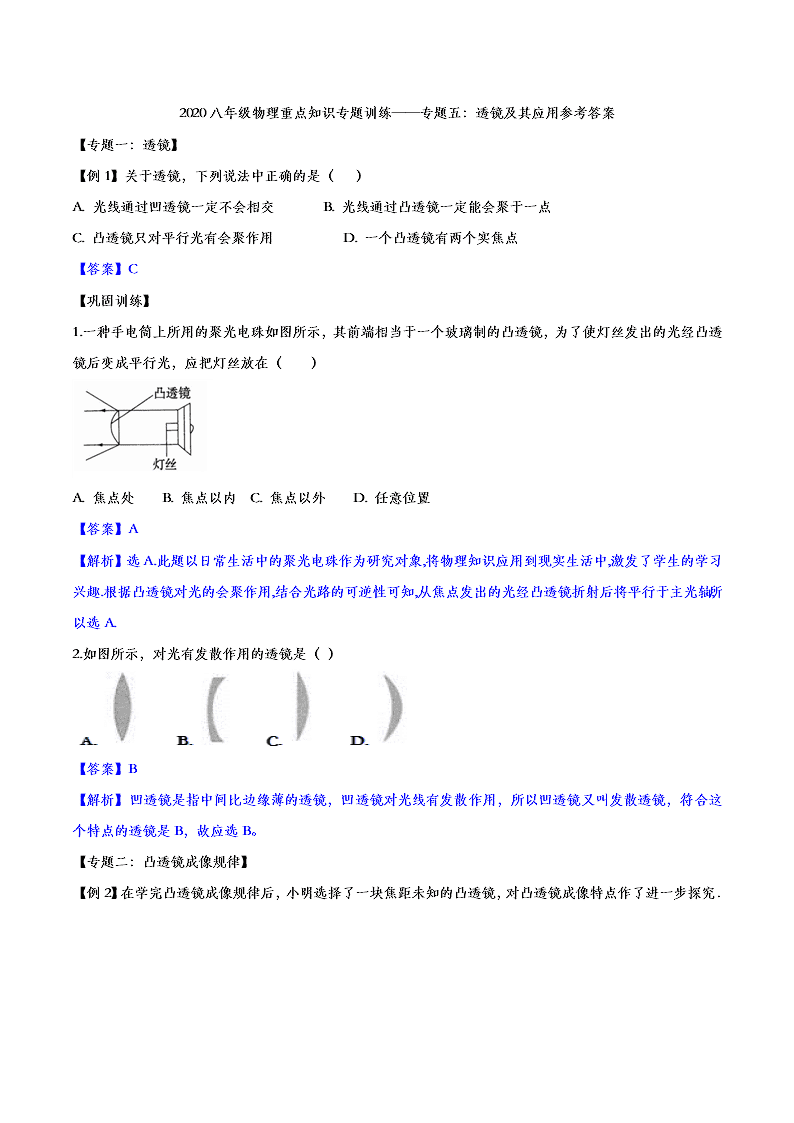 2020人教版初二物理重点知识专题训练：透镜及其应用
