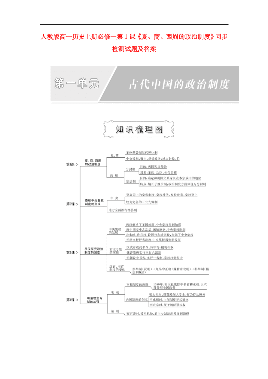 人教版高一历史上册必修一第1课《夏、商、西周的政治制度》同步检测试题及答案