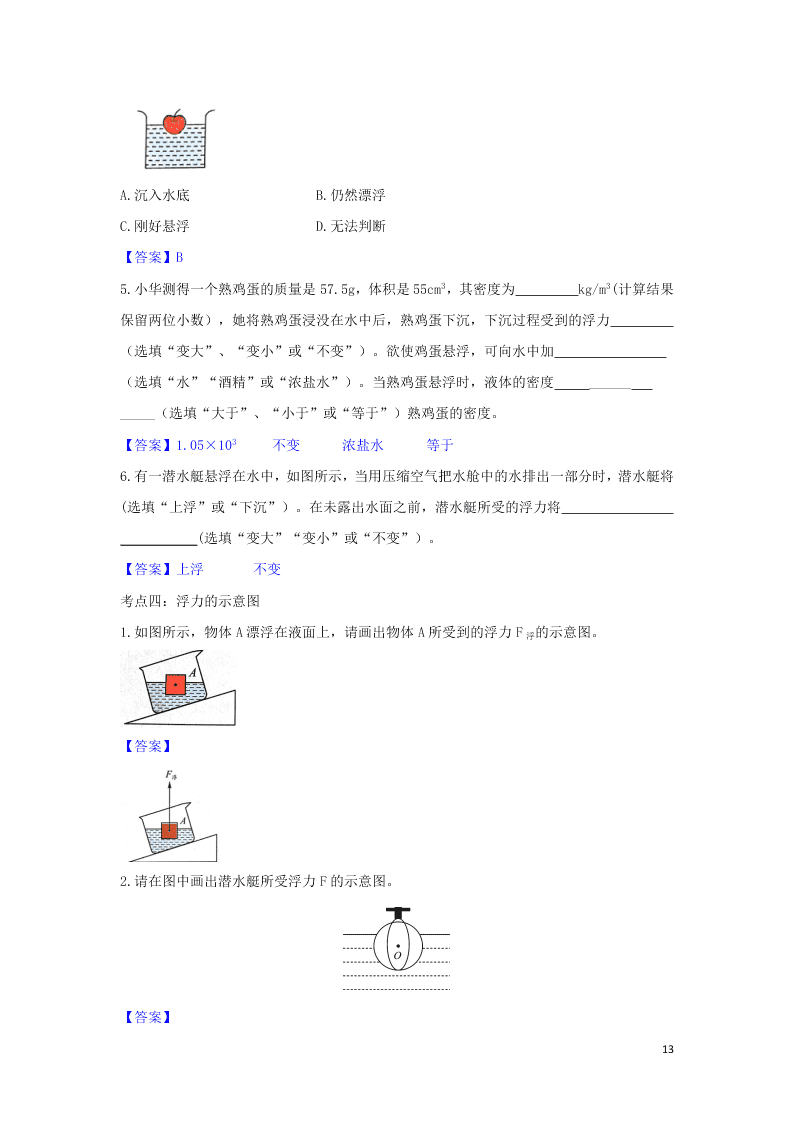 2020中考物理考点提升训练专题十三浮力试题（附答案）