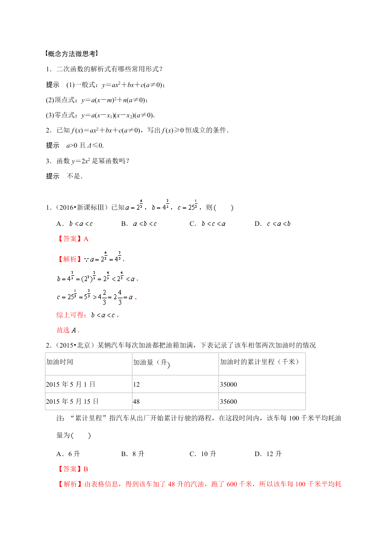 2020-2021学年高考数学（理）考点：幂函数与二次函数