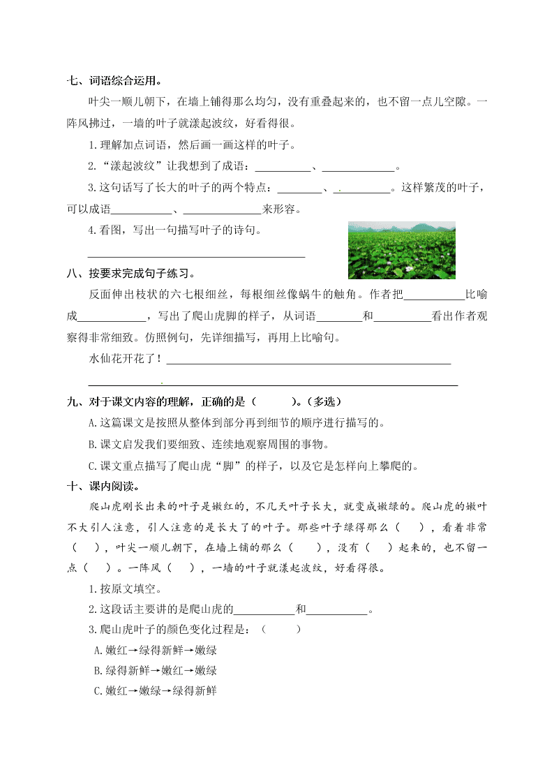 人教部编版四年级（上）语文 爬山虎的脚 一课一练（word版，含答案）