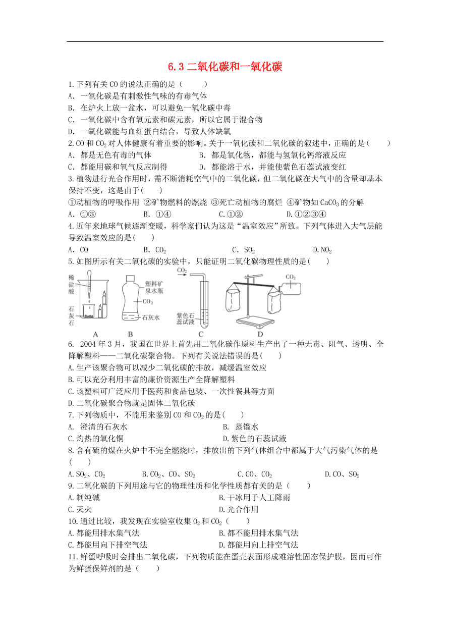 新人教版 九年级化学上册 6.3二氧化碳和一氧化碳 专题复习