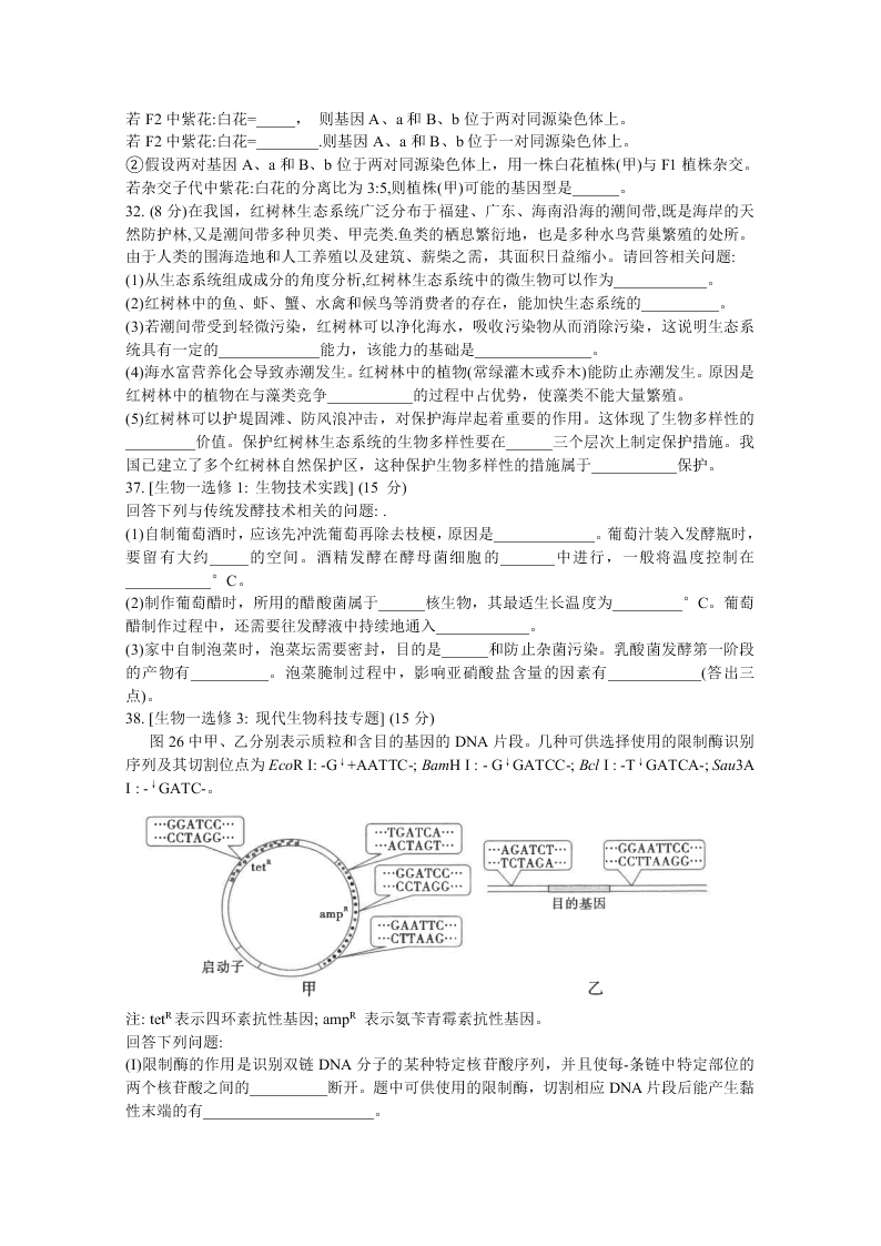 云南师范大学附属中学2021届高三生物高考适应性月考试卷（一）（Word版附答案）