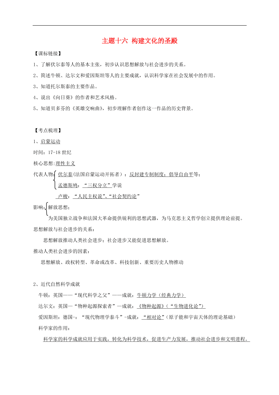 中考历史总复习第一篇章教材巩固主题十六构建文化的圣殿试题（含答案）