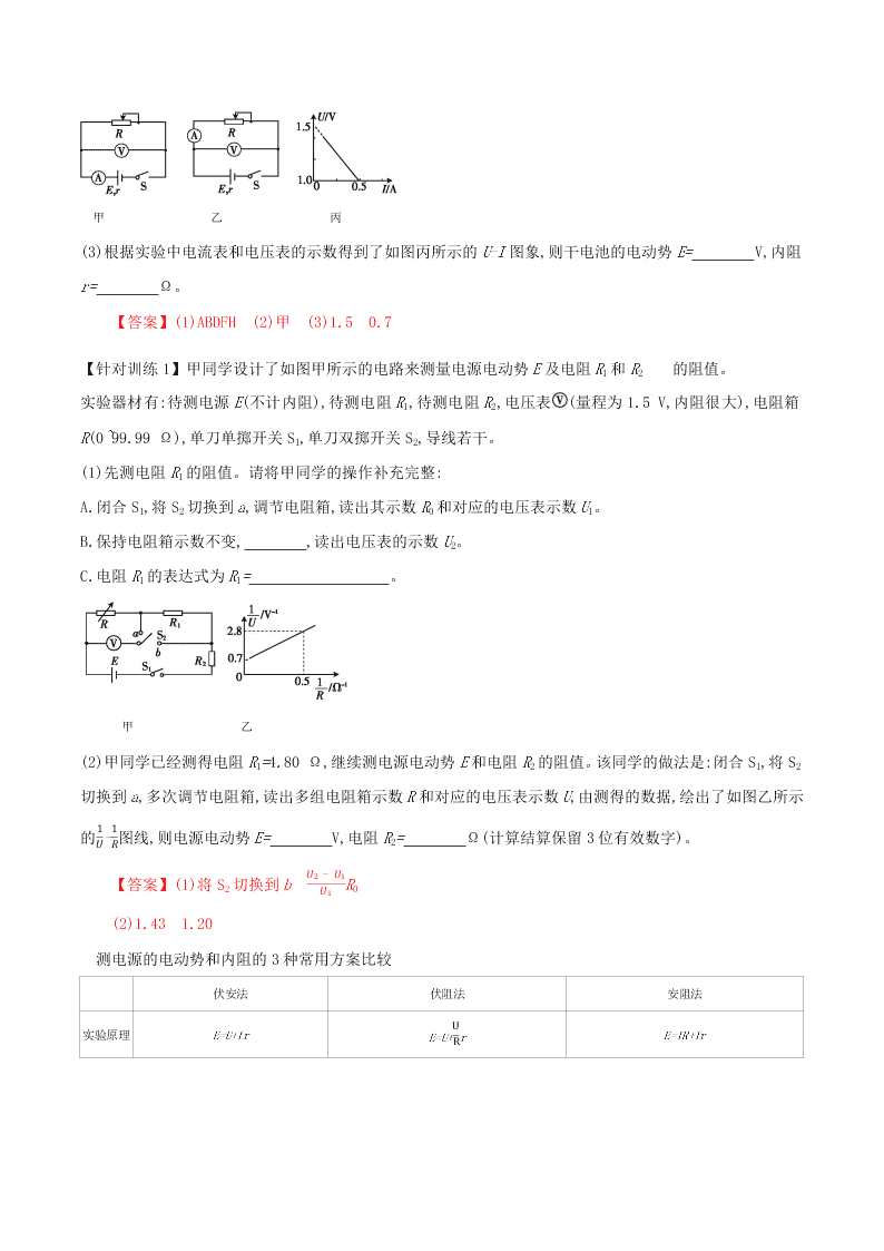 2020-2021年高考物理必考实验十：测定电源的电动势和内阻