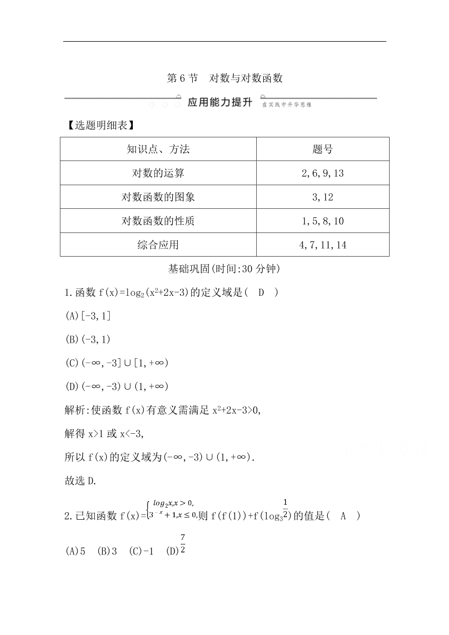 高中导与练一轮复习理科数学必修2习题 第二篇 函数及其应用第6节 对数与对数函数（含答案）