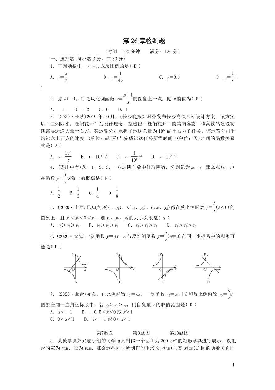 人教版九年级数学下册第二十六章反比例函数检测题（附答案）