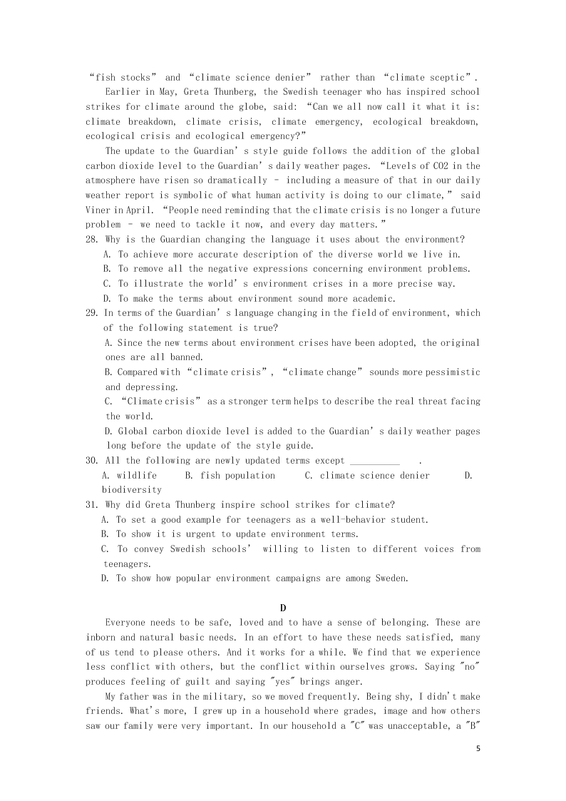 湖北省部分重点中学2021届高三英语上学期10月联考试题（含答案）