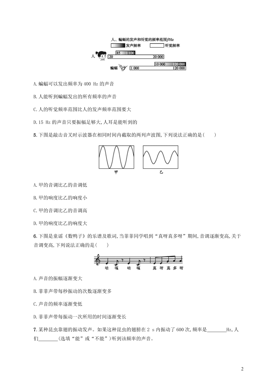 人教版八年级物理上册2.2声音的特性课后习题及答案