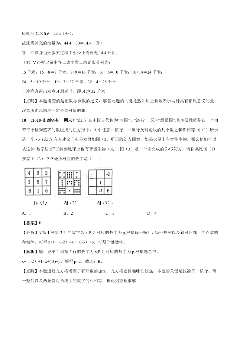 2020-2021学年人教版初一数学上学期高频考点04 有理数的加减法