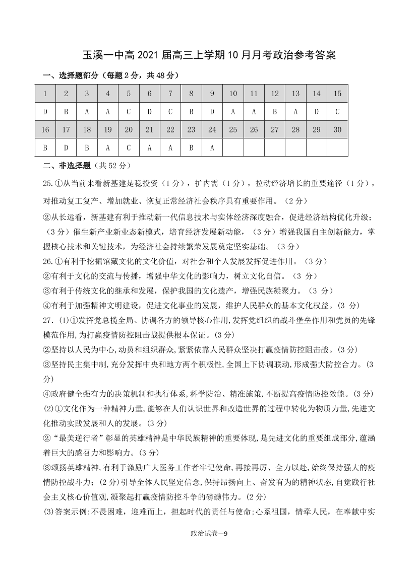 云南省玉溪一中2021届高三政治上学期第二次月考试题（Word版附答案）