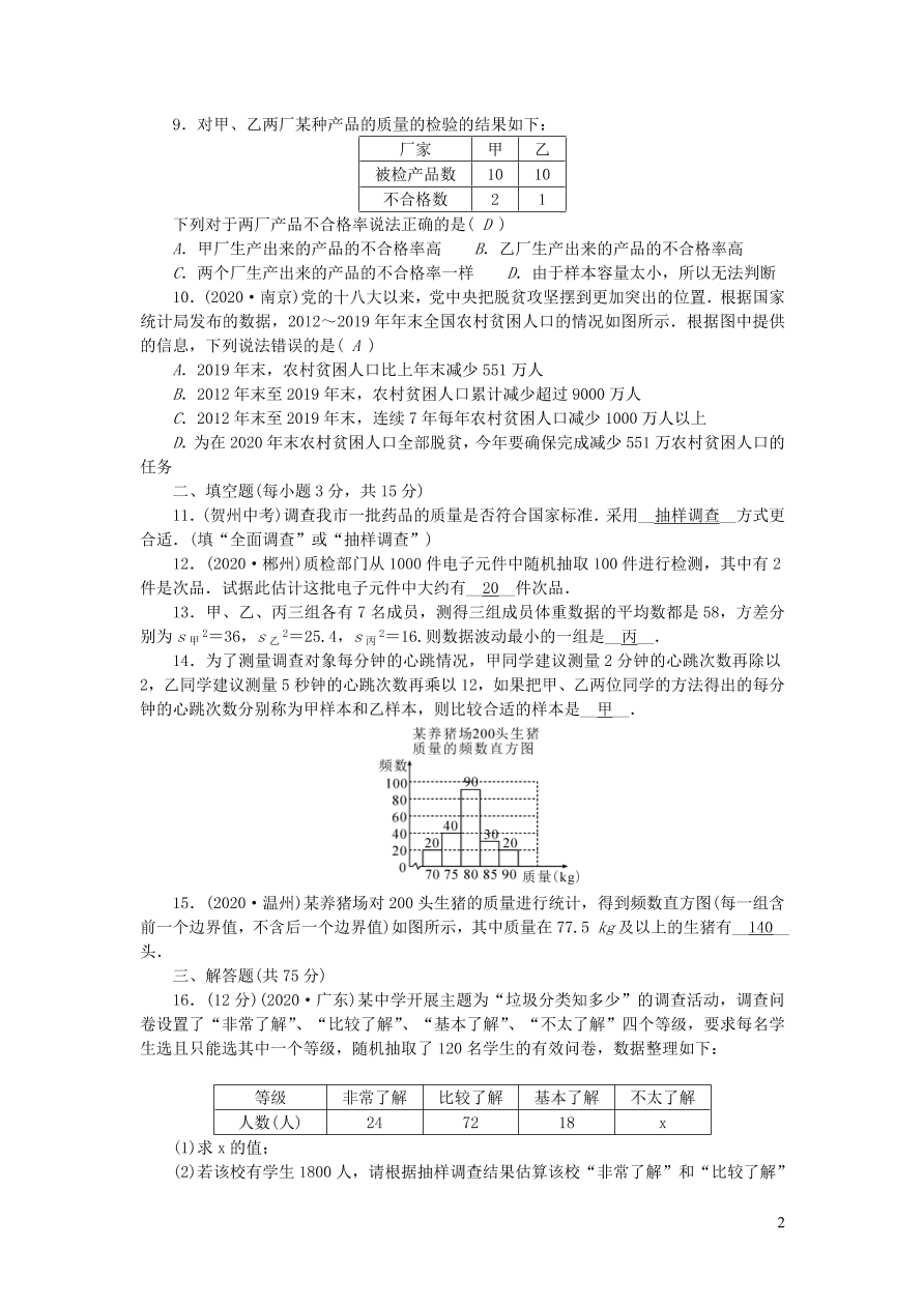 华东师大版九年级数学下册第28章样本与总体检测题（附答案）