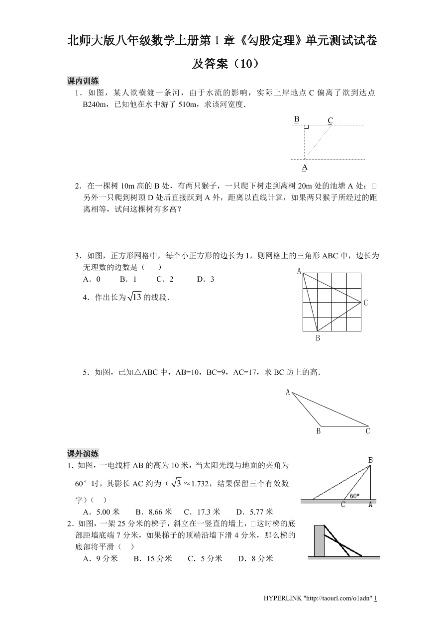 北师大版八年级数学上册第1章《勾股定理》单元测试试卷及答案（10）