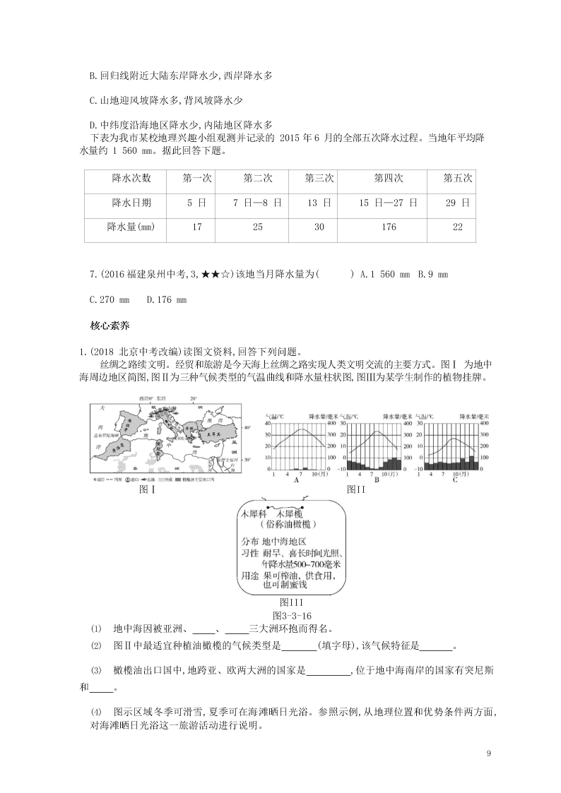 七年级地理上册第三章天气与气候第三节降水的变化与分布资源拓展试题（附解析新人教版）